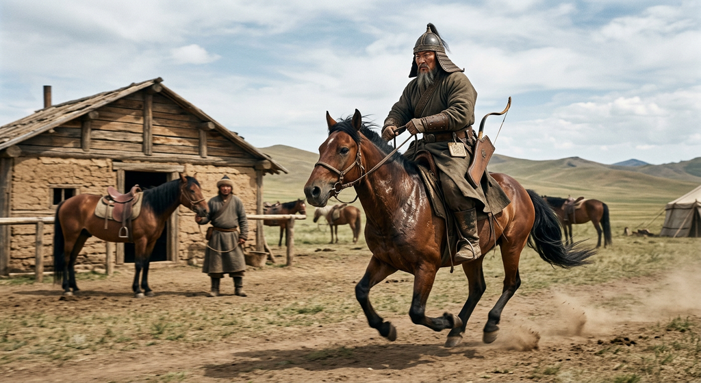 A messenger on horseback gallops at high speed toward a wooden relay station on the plains.