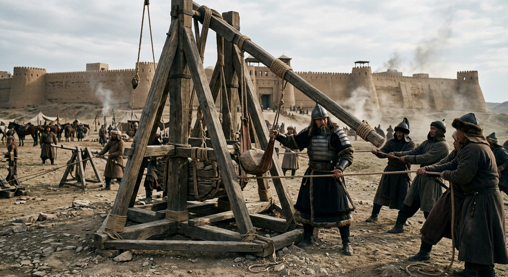 Engineers prepare a large wooden trebuchet facing the massive stone walls of a city.
