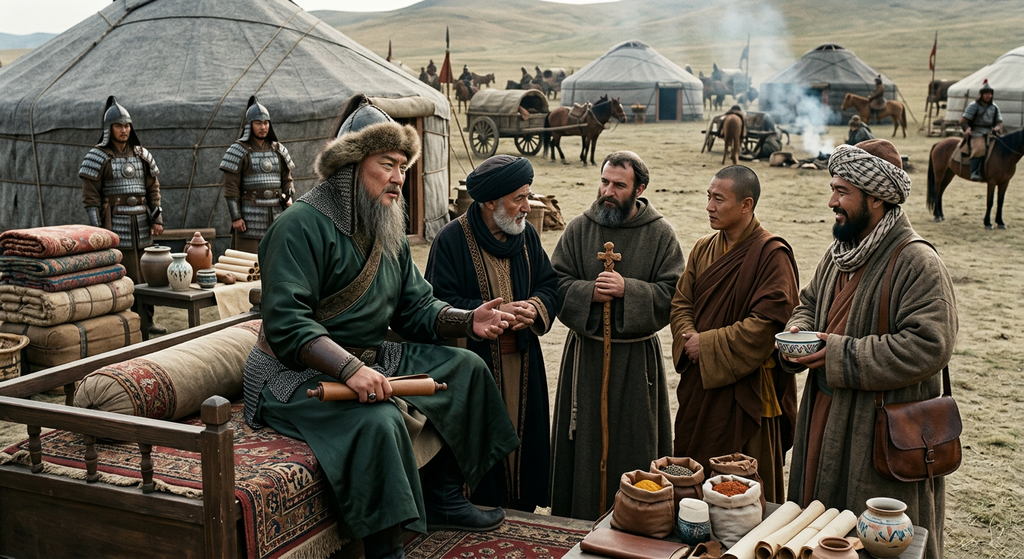 Merchants and religious leaders in diverse garments converse inside a bustling tent encampment.