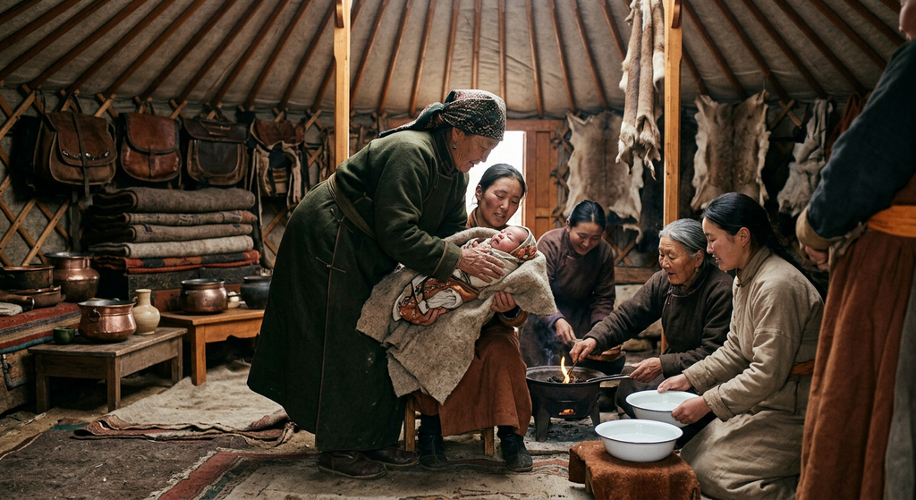Hands gently lift a newborn infant inside a traditional felt Mongolian ger illuminated by soft natural light.