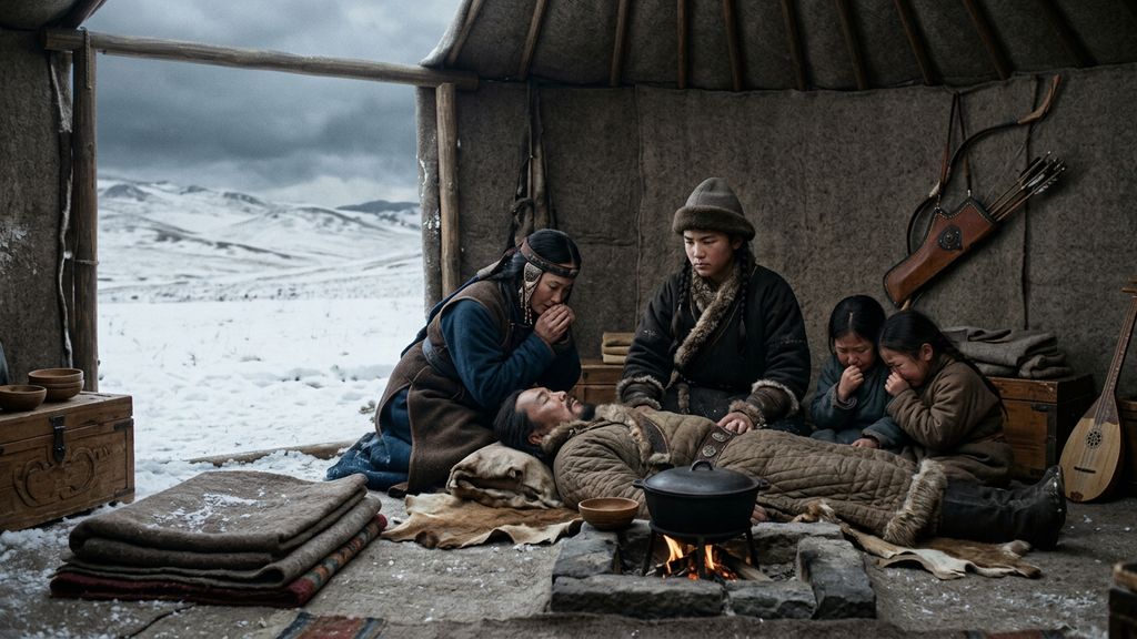 A small family wearing warm robes huddles closely together on the snowy Mongolian steppe against a harsh wind.
