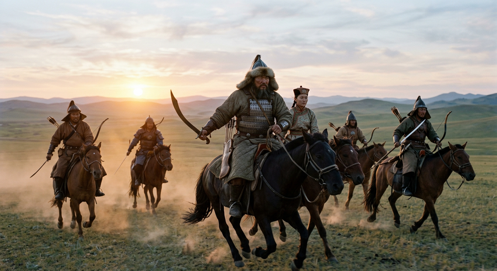 Mongol cavalry warriors charge across the open grassy plains on horseback at dawn.