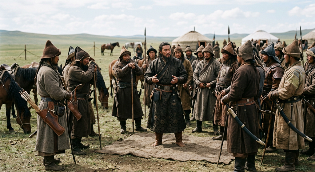 A young leader stands and addresses a crowd of nomadic warriors gathered on the grassy plains.