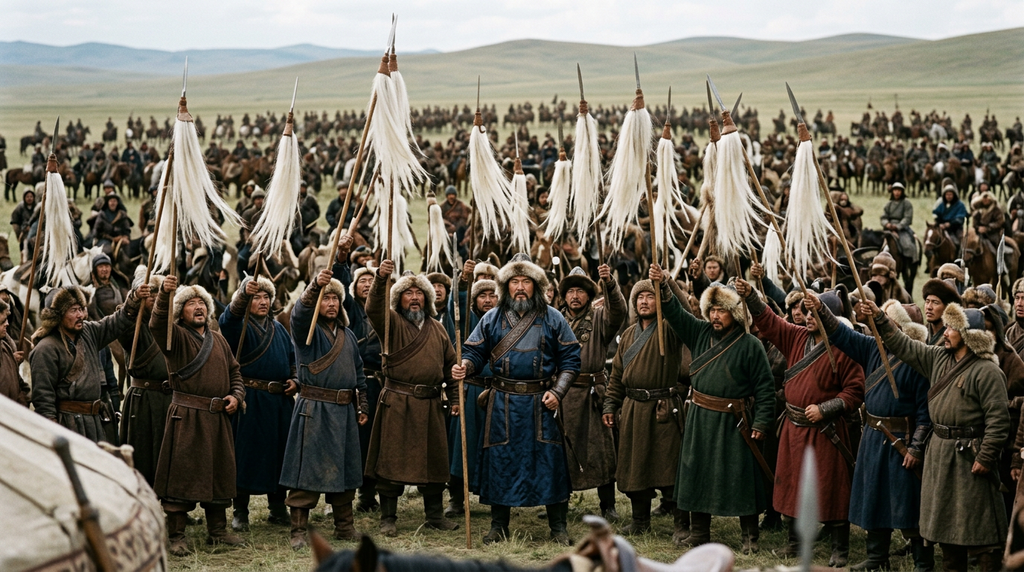 Tribal chiefs raise tall white horsehair banners during a large gathering of warriors on the open steppe.