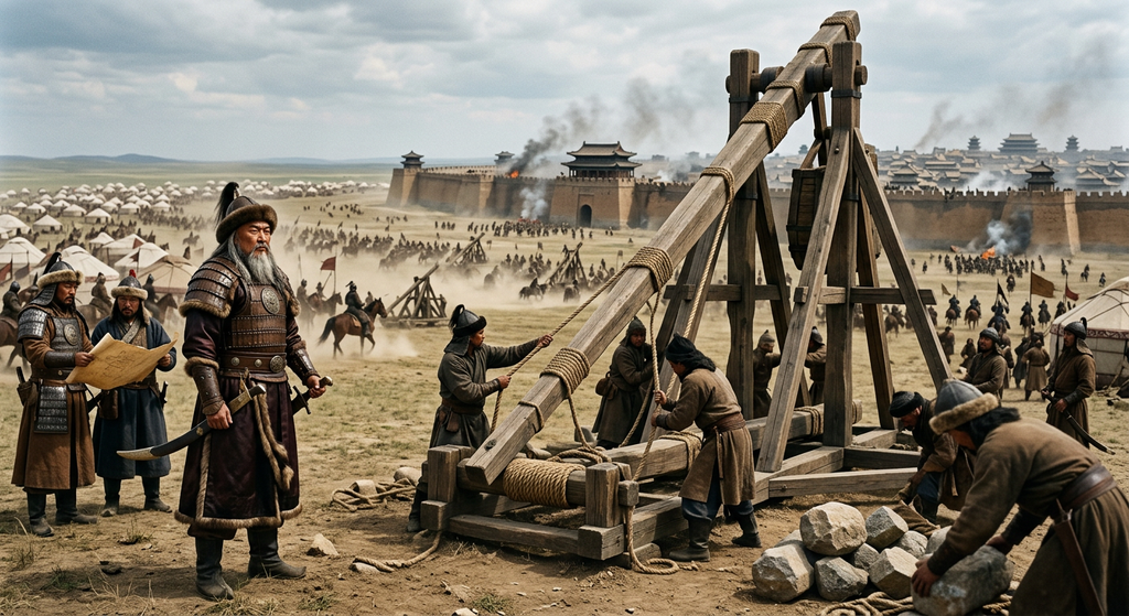 Mongol warriors operate large wooden siege engines outside the high stone walls of a fortified city.