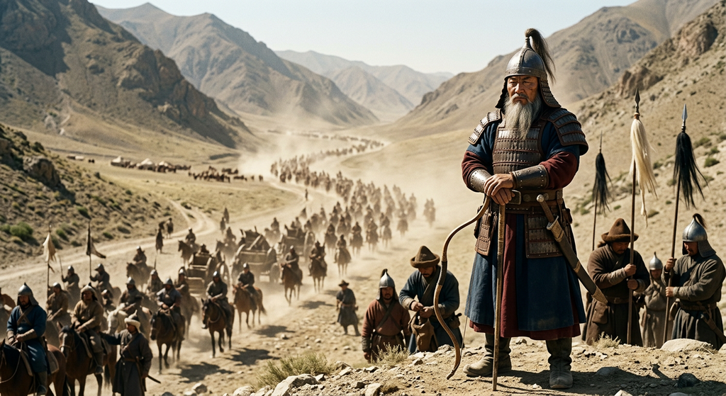 A large army on horseback marches through a dusty mountain pass under a clear sky.
