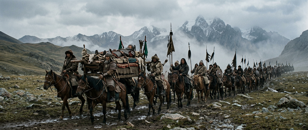 A procession of mounted horsemen rides slowly toward a foggy mountain range.