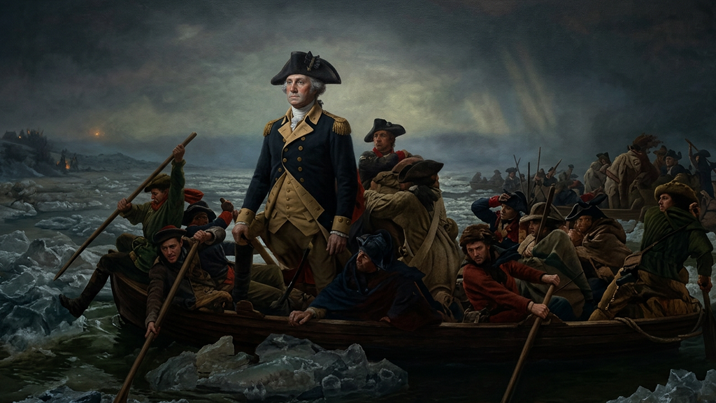 Continental troops and George Washington cross the icy Delaware River in boats at night.