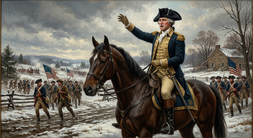 George Washington rides a horse while rallying soldiers on a battleground at Princeton.
