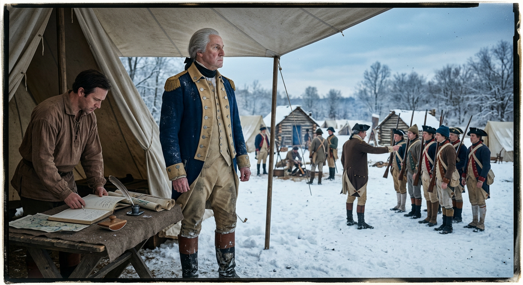 George Washington oversees the snow-covered Continental Army encampment at Valley Forge.