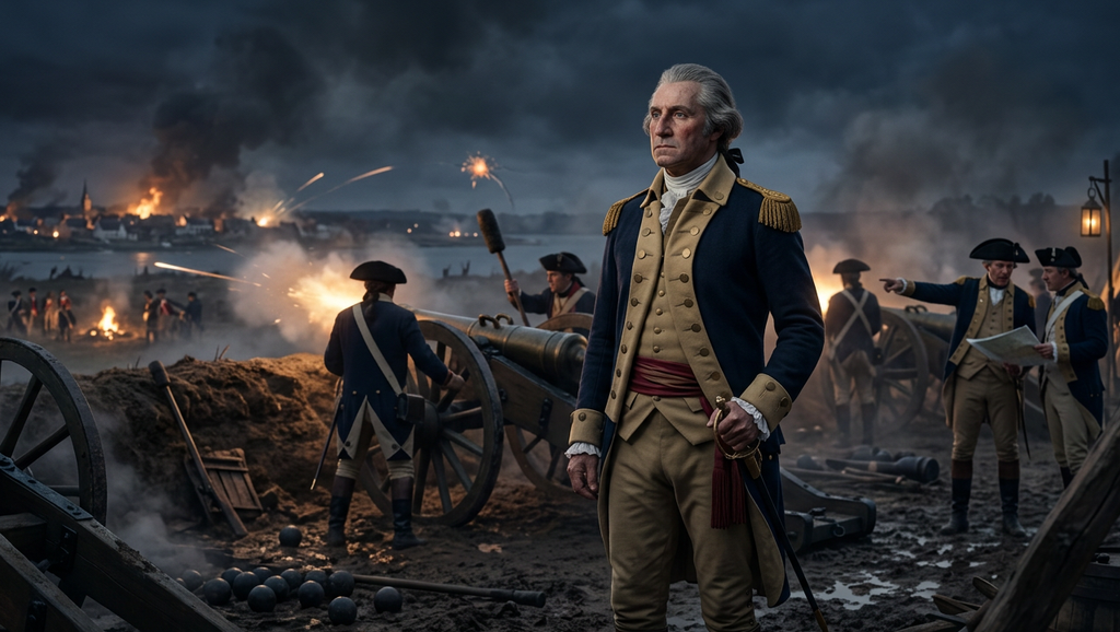 George Washington observes an artillery bombardment during the siege of Yorktown.