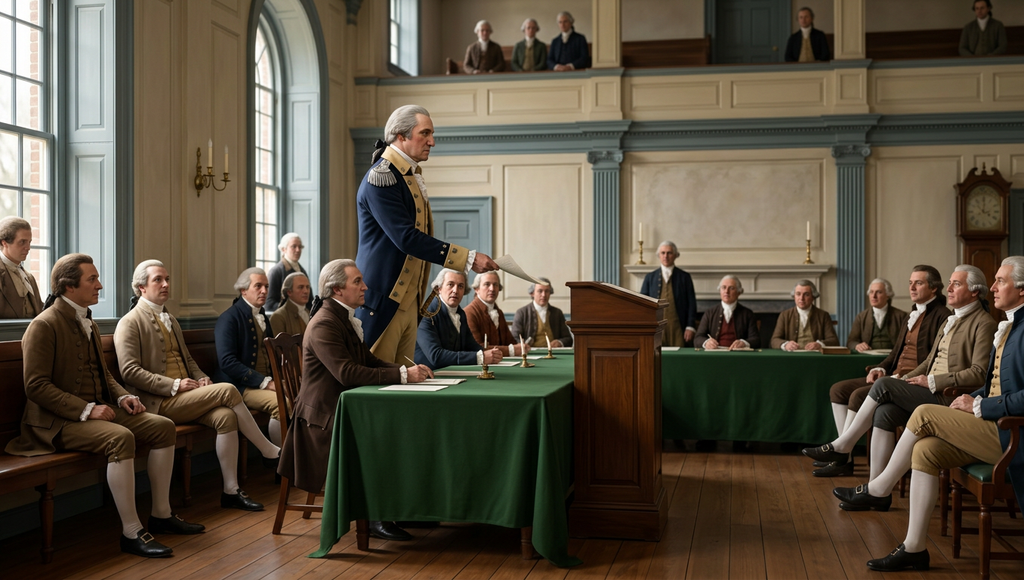 George Washington stands before Congress as he resigns his military commission.