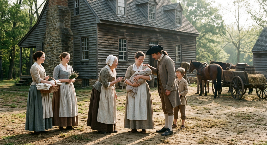 George Washington stands outside a Virginia tidewater plantation house in the morning light.