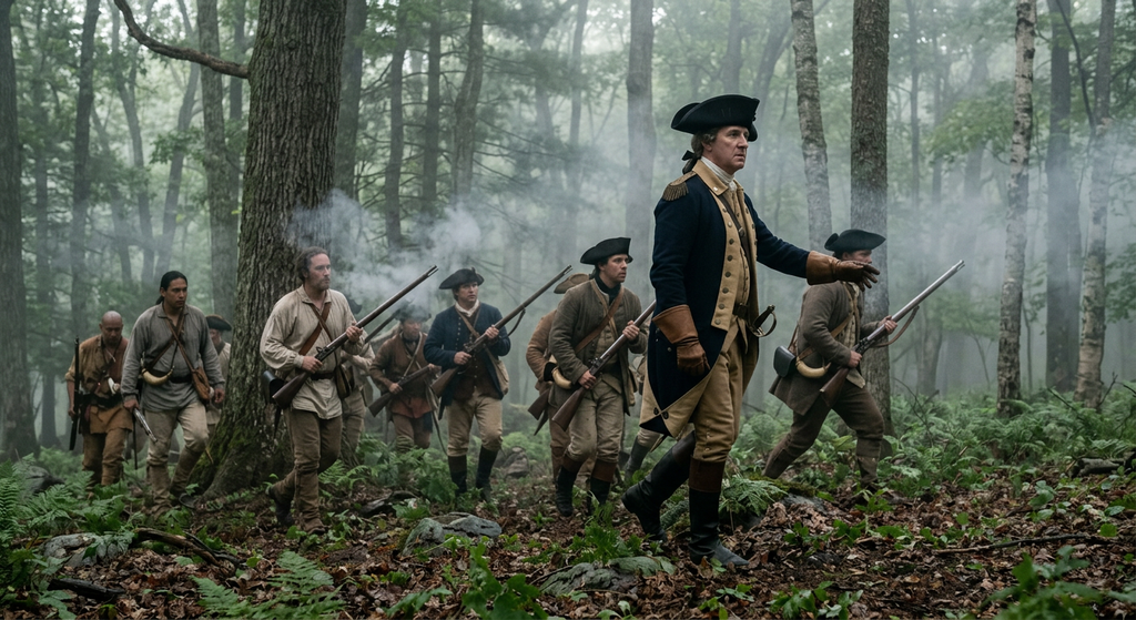 A young colonial officer leads soldiers through a misty forest setting.
