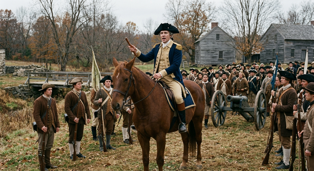 George Washington on horseback takes command of Continental militia soldiers in an outdoor setting.