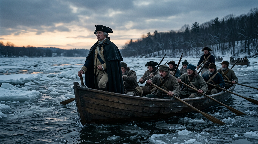 Continental soldiers row boats through ice floes at freezing dawn alongside George Washington.