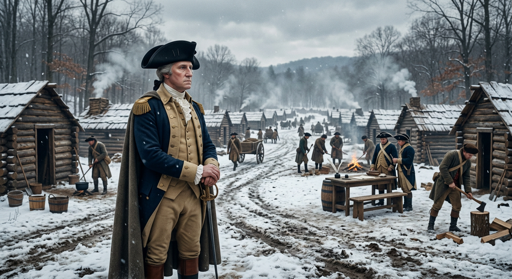 George Washington stands in a snowbound winter encampment surrounded by log huts.