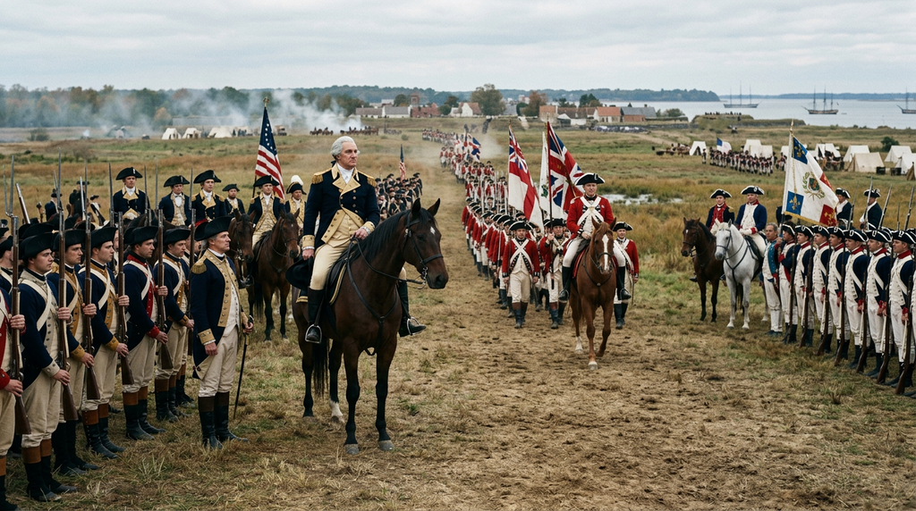 British troops march between lines of allied soldiers at Yorktown under George Washington's watch.