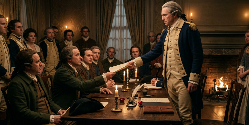George Washington hands his commission paper back to seated delegates in a candlelit hall.