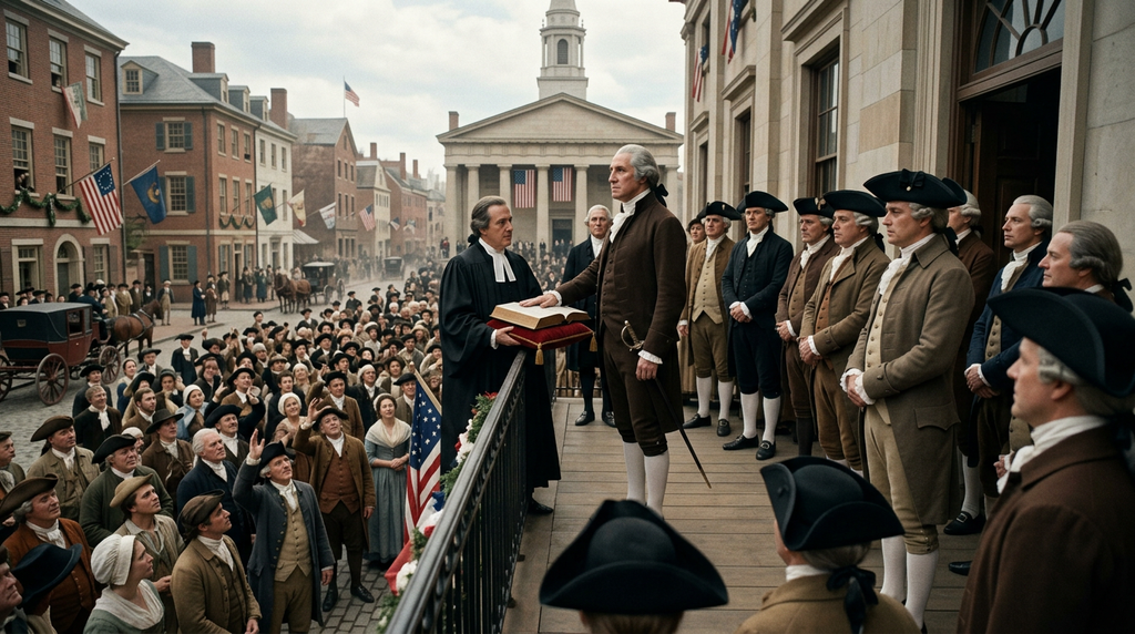 George Washington stands on a balcony taking the presidential oath before an assembled crowd.