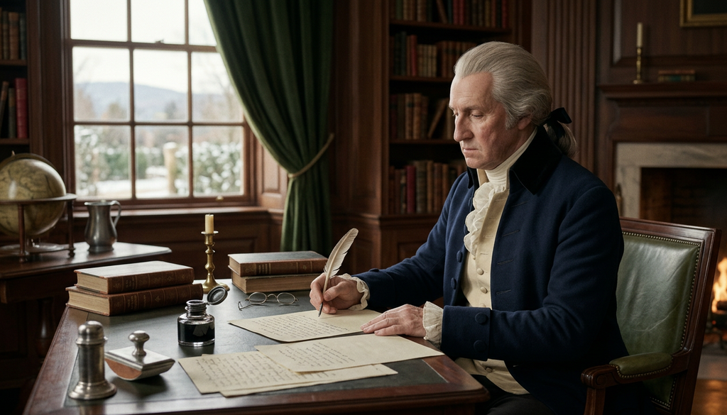 An elderly George Washington writes at a wooden desk inside a quiet study.