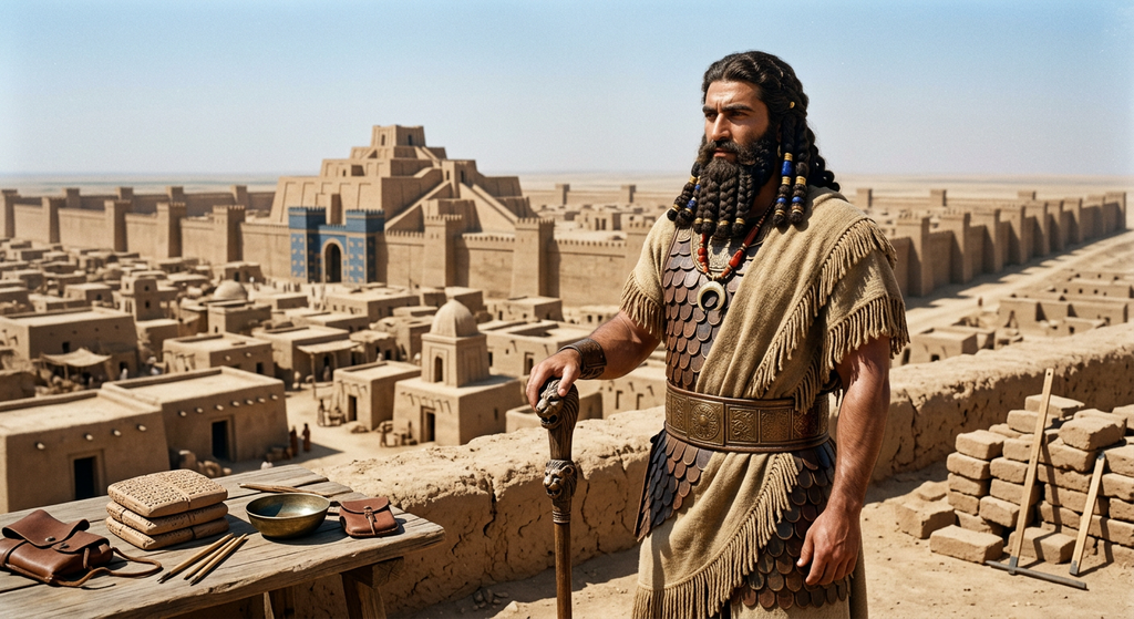 A large bearded man stands high above a sprawling ancient Mesopotamian city enclosed by mud-brick walls.