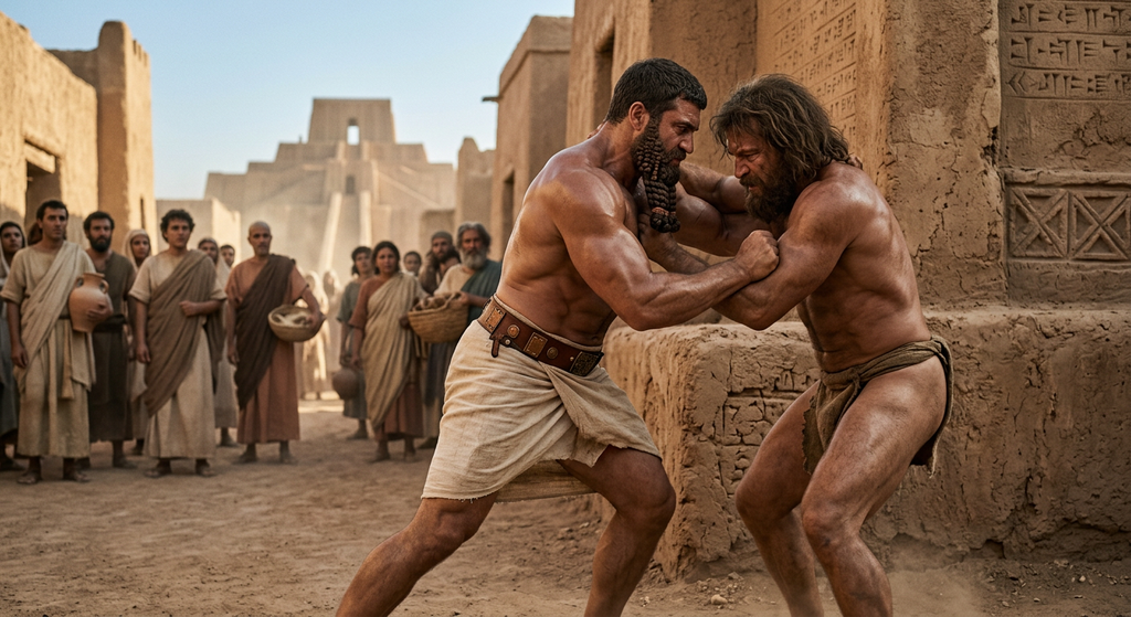 Two heavily muscled men wrestle fiercely in the middle of a sunlit ancient Sumerian city square.
