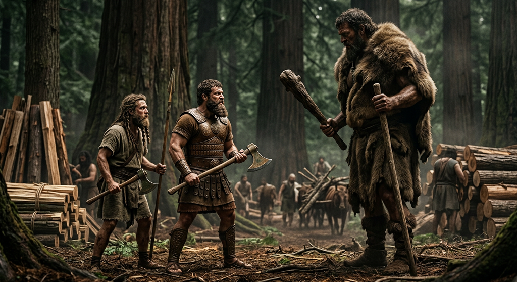 Two warriors armed with bronze axes confront a giant among towering cedar trees in a dense forest.
