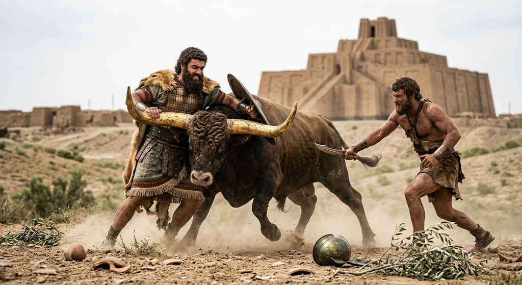 Two Sumerian heroes engage in combat with a massive bull featuring golden horns on a dusty plain.