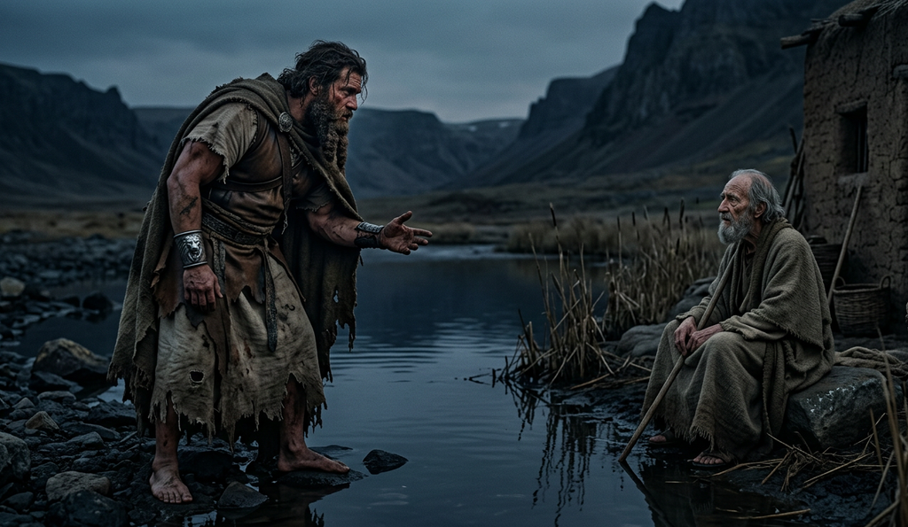 A weary king clad in ragged clothes speaks across a dark, still body of water to an elderly man.