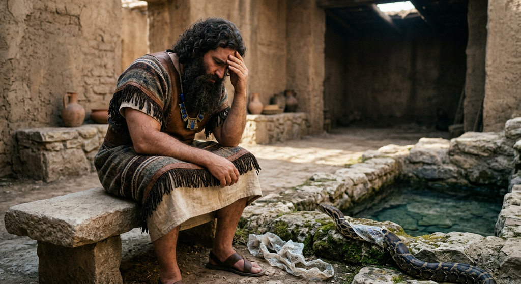A bearded king watches in despair as a serpent sheds its skin near a quiet pool of water.