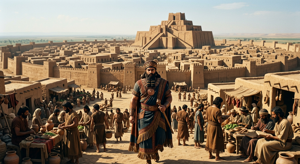 A tall, muscular man with a thick beard stands before the sunlit mud-brick walls and raised temple platforms of a Sumerian city.