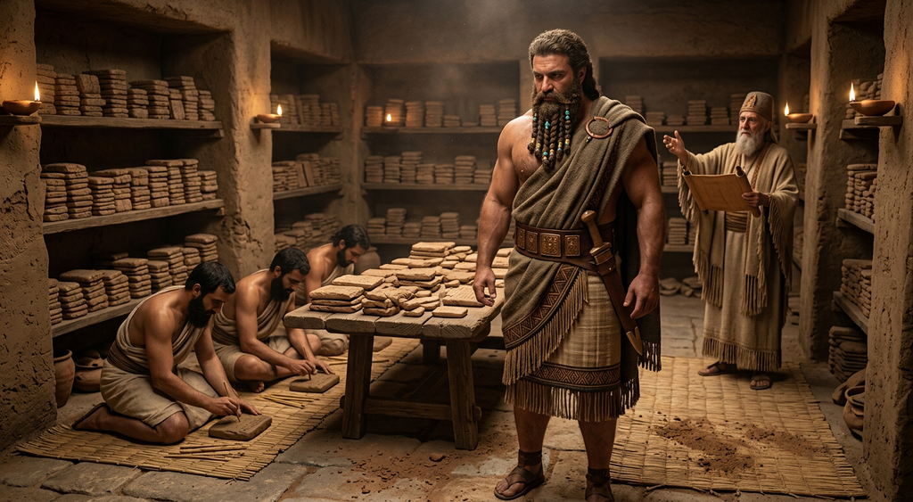 A dusty archive surrounded by stacks of cuneiform tablets lit by oil lamps.