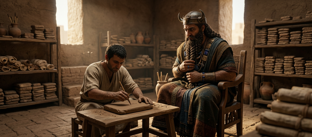 A Sumerian scribe presses a reed stylus into a clay tablet.