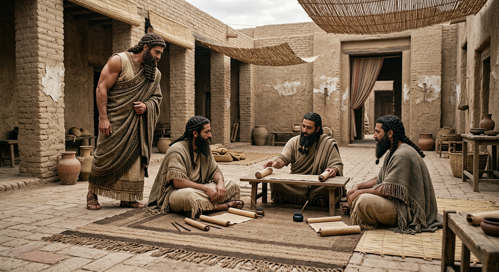 Scholars discuss clay cuneiform tablets in an open-air Babylonian courtyard.