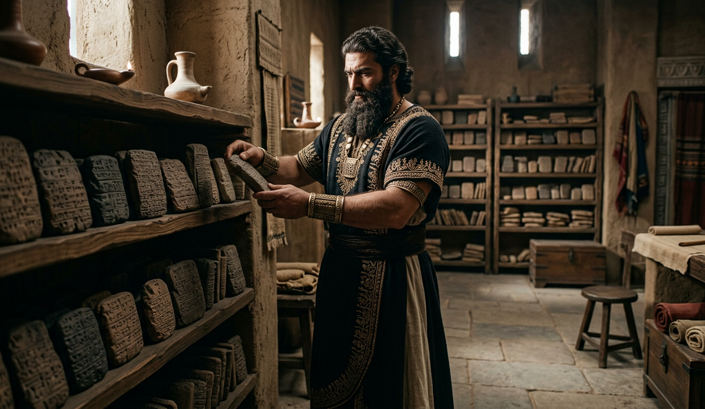 A master scribe arranges clay tablets on library shelves.