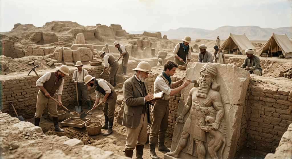 Victorian archaeologists excavate a dusty trench in the ruins of Nineveh.