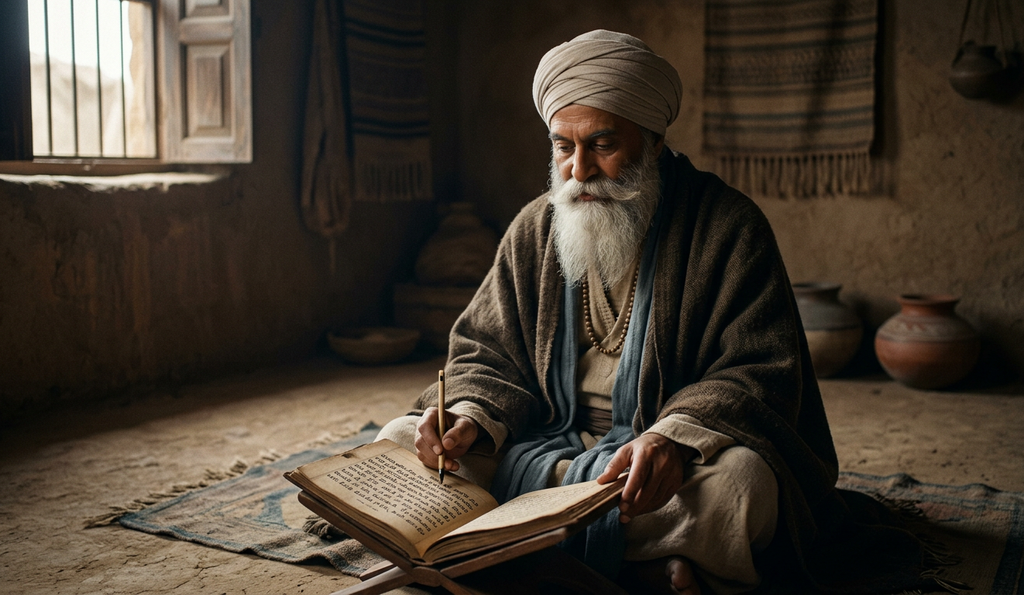 Guru Nanak sits quietly beside an illuminated manuscript page containing Gurmukhi script.