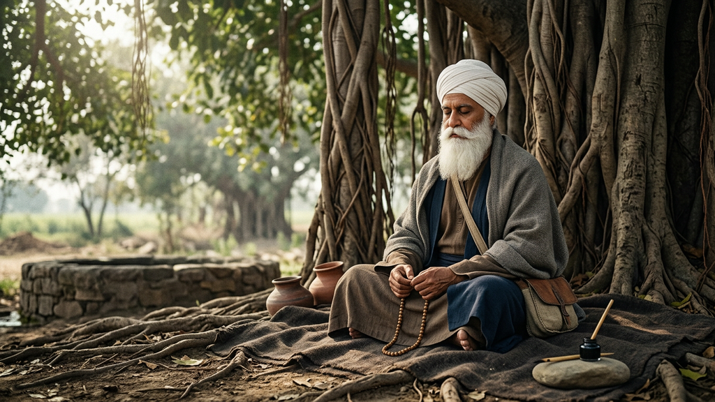 Guru Nanak sits peacefully in deep meditation beneath the broad shade of a large banyan tree.