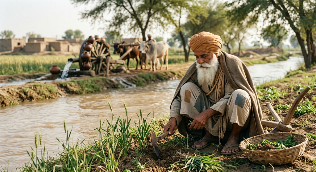 Guru Nanak works in a field alongside farmers tending vibrant green crops near a Punjabi river.