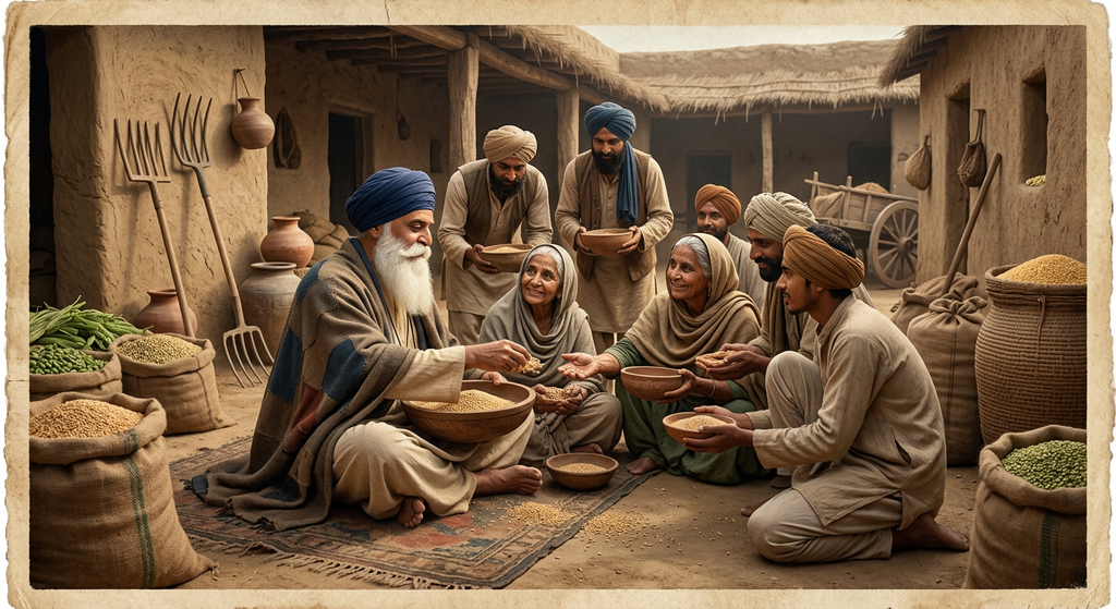 Guru Nanak and local villagers gather outdoors in Punjab to share baskets of freshly harvested grain.