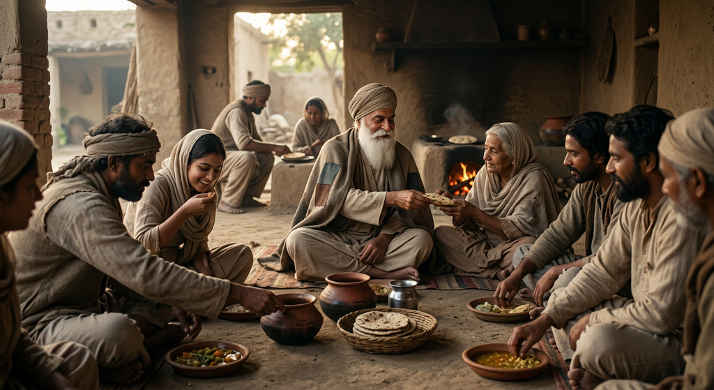 People from diverse social backgrounds sit together on the ground sharing a simple meal outdoors.