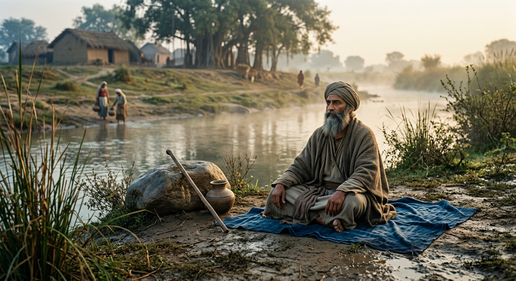 Guru Nanak sits serenely in meditation on a misty Punjabi riverbank during dawn.