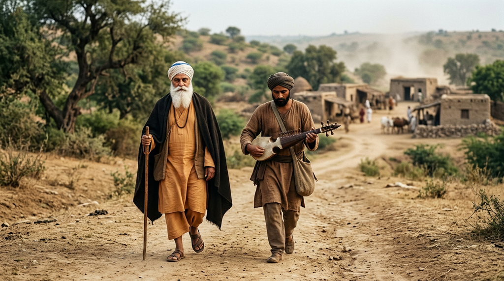Guru Nanak walks along a dusty country road beside a companion who plays a stringed musical instrument.