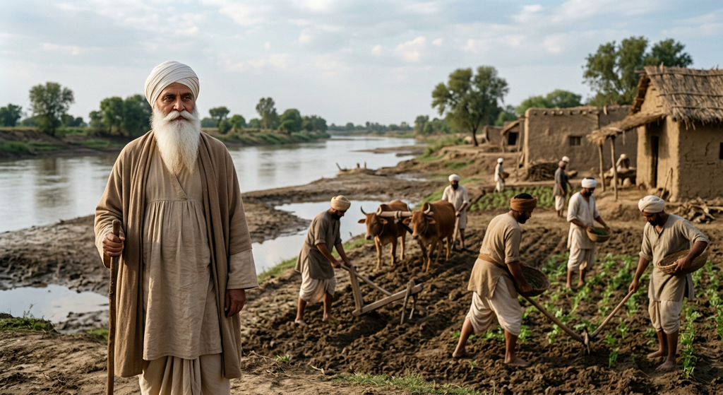 Guru Nanak stands near Punjabi villagers farming lush land along a river.