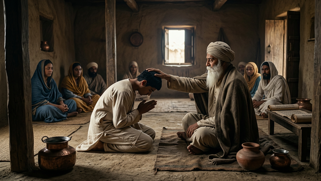 Guru Nanak gently rests his hand on the head of a young disciple kneeling before him in a quiet courtyard.