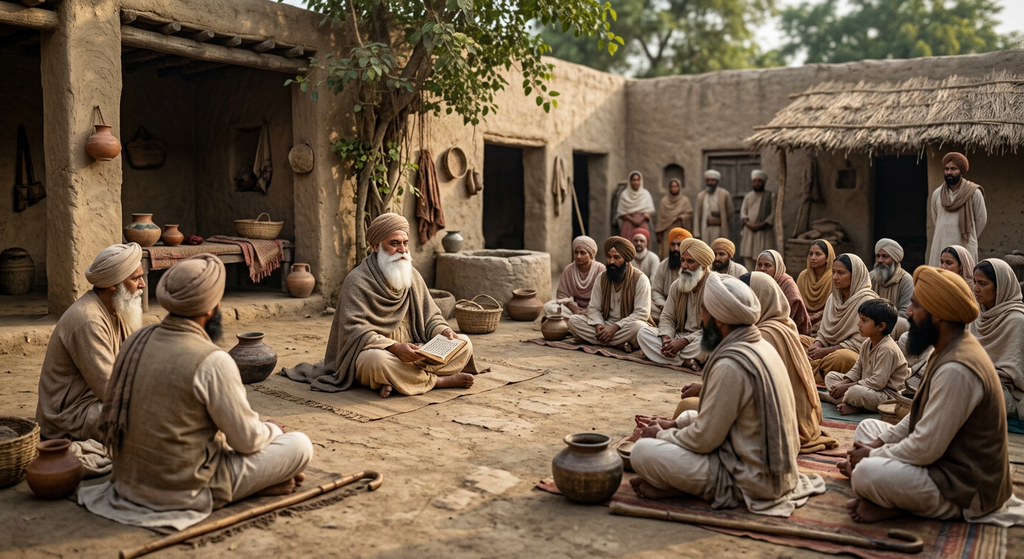 Followers of diverse faiths gather peacefully around Guru Nanak in an outdoor courtyard.