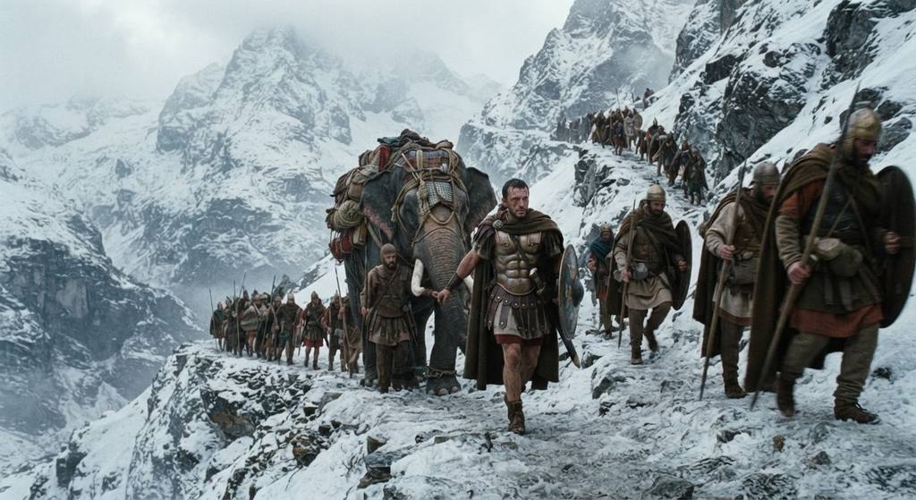 Soldiers and elephants navigate a treacherous, snow-filled mountain pass.