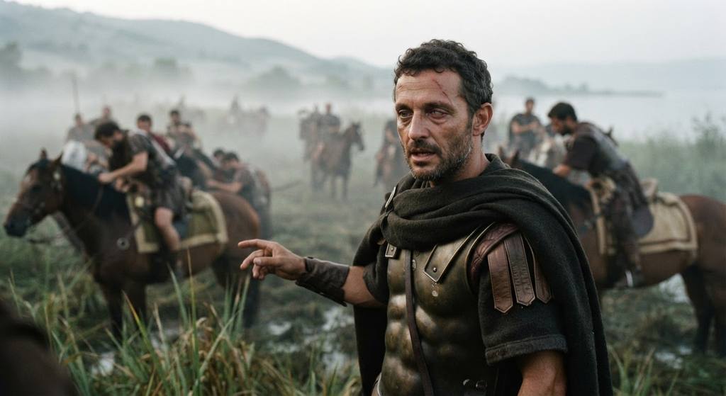 Carthaginian cavalry emerges from misty, marshy hills to ambush Roman forces near a lake.