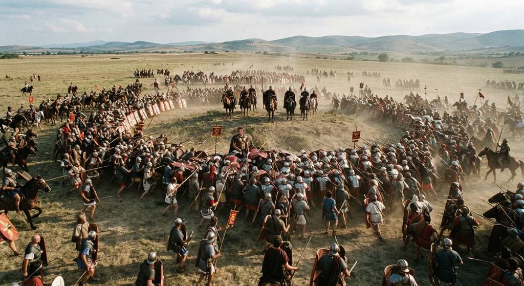 An overhead view shows Carthaginian infantry forming a pincer movement to trap Roman legions.